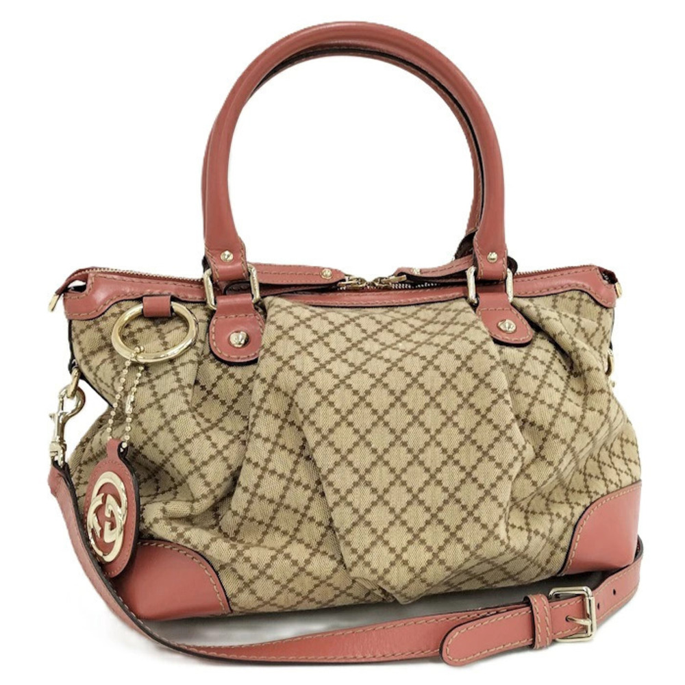 Gucci Handbag Diamante Canvas Leather Beige Pink